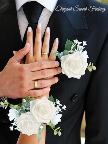 MACTING 30PCS White Artificial Roses with Stems, Real Touch Foam Flowers