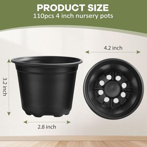 4 5 6 Inch Nursery Pots, 110 Packs Plastic Plant Pot with Drainage Hole, Seedling Starter Pots for Succulents (4 Inch)