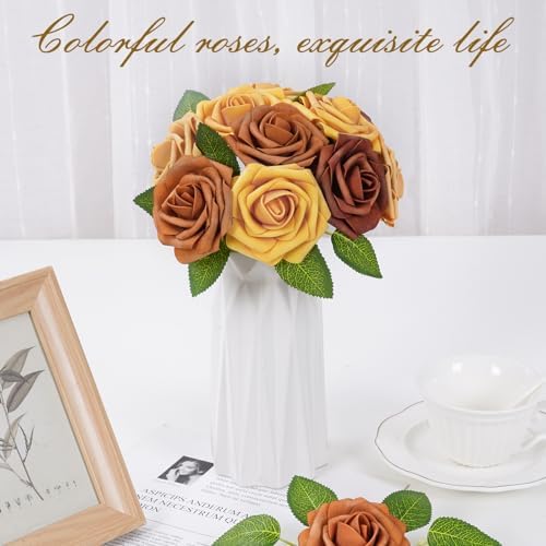BLEUM CADE 16Pcs Artificial Flowers Fake Foam Roses with Stems for Wedding