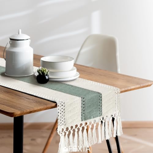 FEXIA Boho Table Runner for Home Decor 12x72 Sage Green Fall Decorations