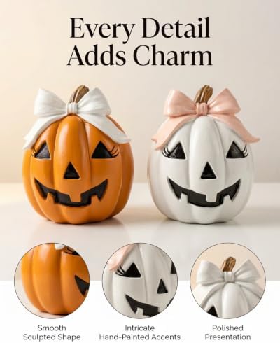 Set of 2 Bow Pumpkin Figurines for Halloween Decor (Bowknot Pumpkin)