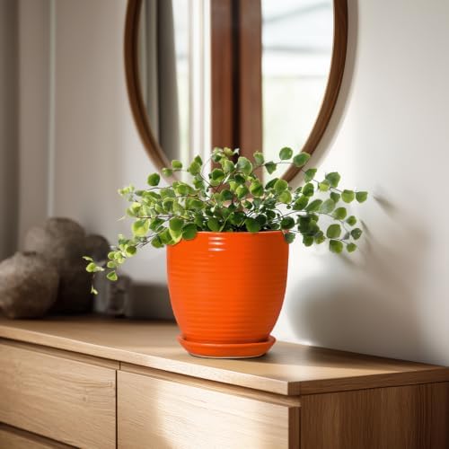6 Inch Ceramic Plant Pots with Drainage Hole and Saucer, Orange