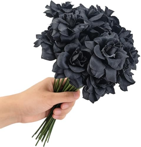 RONYOUNG 55PCS Artificial Mini Roses with Stems, Silk Fake Flower Heads, 1.77 Inch, Black, for Wedding, Halloween, Crafts, Home Decor