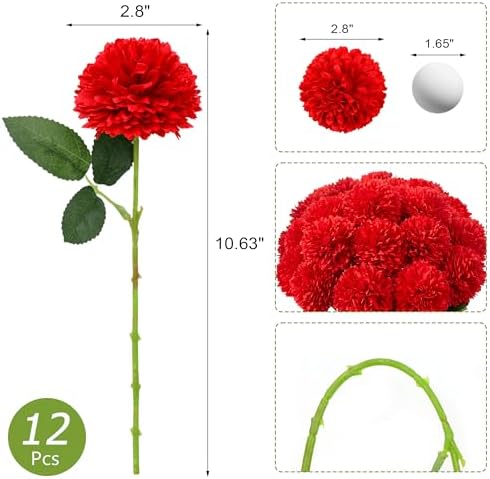 SITUMEIZI 12 Pcs Red Flowers Artificial Chrysanthemums, Fake Mums