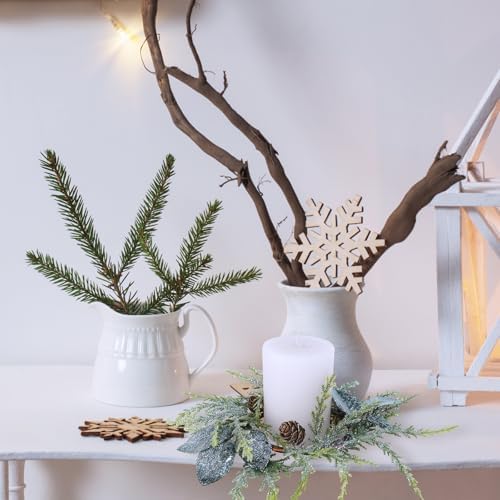 Winlyn 4 Pcs Frosted Artificial Pine Candle Rings Christmas Candle Holder Rings Small Faux Pine Wreaths with Pinecones and Green Leaves 11.8" for Farmhouse Holiday Winter Mantel Kitchen Cabinet Décor