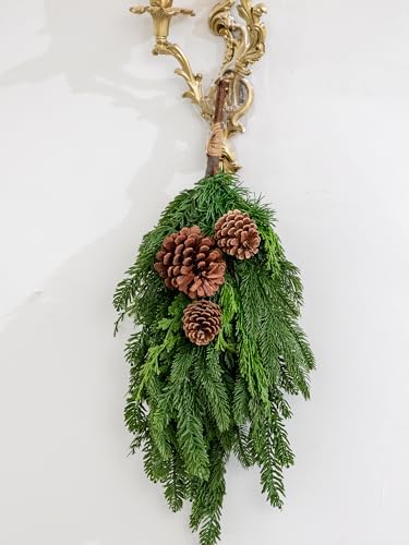 2PCS 28’’ Lush Cedar Pine Swag with Big Pine Cones, Christmas Teardrop Swag