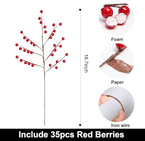 Red Holly Berry Stems for Christmas Tree,Total of 840 Red Berries,16.7in 24Pack Berry Stems,Hand Made Christmas Decor,Artificial Burgundy Berries, Christmas Picks