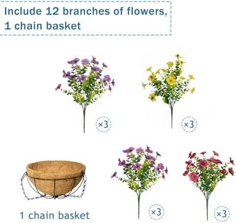 Artificial Hanging Flowers, UV Resistant, 12 Bundles, 4 Colors