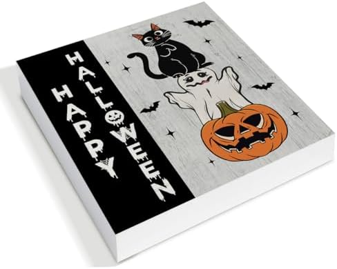 Happy Halloween Wooden Decor, Ghost Cat Pumpkin Block Sign