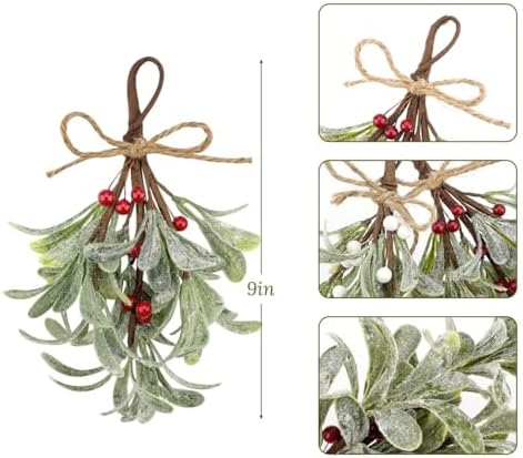 4 Pcs Artificial Mistletoe Picks - Flocked Red & White Berries with Glitter Leaves & Rope Bow, Christmas Hanging Kissing Plant Ornaments for Tree Door Party Decorations