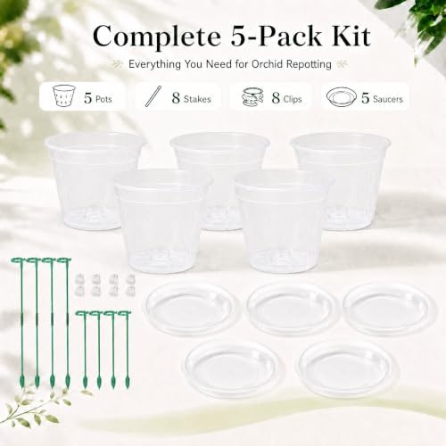 Orchid Pots, 5 Pack 5 Inch Clear Orchid Pot with Hole, Saucer and Stake