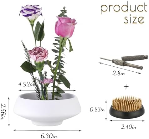 Ikebana Vase with Flower Frog White Ceramic Bowl Vases with Brass Stem Holder & Kenzan Straightener Japanese Floral Art Supplies Decorative Arrangement Pot for Home