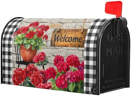 Spring Summer Floral Mailbox Covers Magnetic Large Size 25"x21" Welcome Spring Geranium Flower Mailbox Cover Welcome Red Flowers Mailbox Wraps Farmhouse Post Letter Box Cover for Home Outside