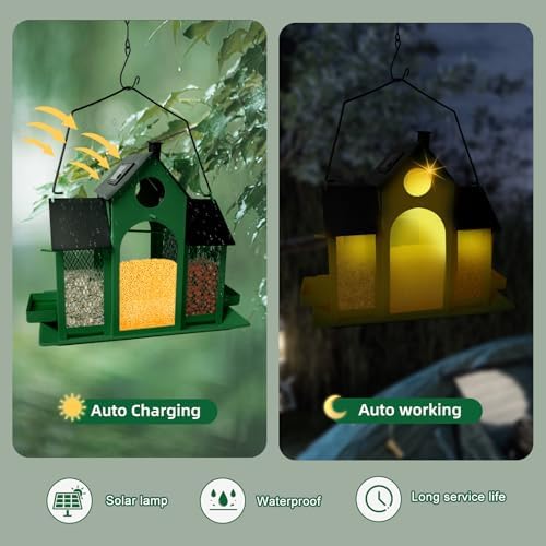 Solar Bird Feeder House for Outside Hanging, Large Capacity Birdhouse Bird Feeders Hanging for Outdoors, Metal Mesh Wild Birdfeeder for Finch Cardinal (Green and Black)