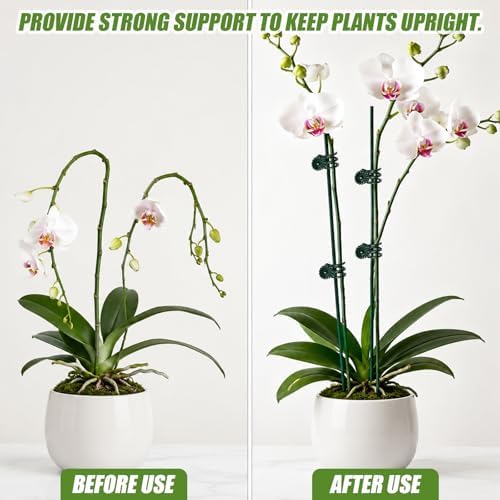 20Pcs 16" Green Plant Stakes with 20 Adjustable Reusable Clips, Bendable Tall Sticks, Support Heavy Orchid Rose Peony Single Stem Flowers for Indoor Outdoor Potted Plants