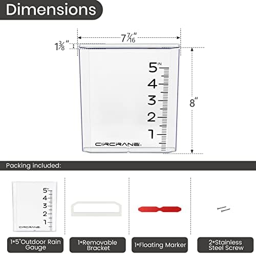 Circrane 5-Inch Waterfall Rain Gauge, Easy Read Outdoor Rain Gauge for Garden, Deck, Lawn and Yard, with Weather Resistant Bracket & Stainless Steel Screws, Clear