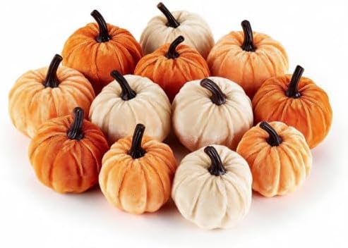 12 PCS Fall Thanksgiving Fake Velvet Pumpkins Harvest Small Artificial Faux Pumpkins Decor for Cornucopia Centerpieces Vase Bowl Filler Wreaths Halloween Fall Home Decorations Photo Props