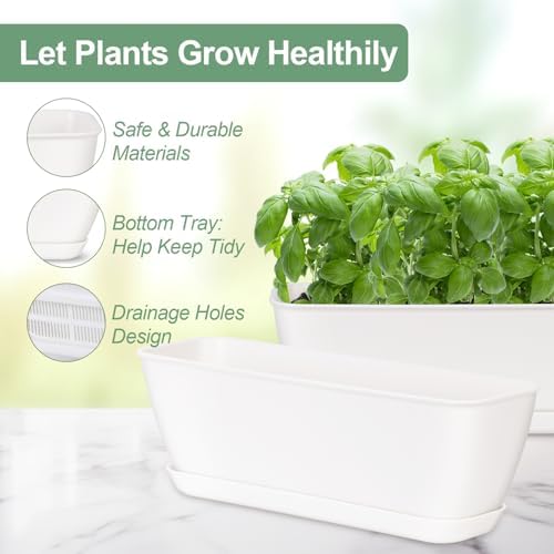 Oliz 4-Piece White Rectangular Window Sill Planters with Drainage Holes and Trays (11 Inches) for Basil, Orchids, and Succulents Modern Herb Garden Planters Suitable for Indoor/Outdoor Plants