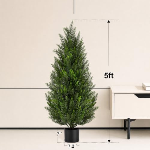 VIVATREES 5FT Artificial Topiary Cedar Trees, UV-Resistant Faux Evergreen Outdoor Plants, Artificial Pine Tree for Outdoor Front Porch Patio Entryway Decor, Set of 2