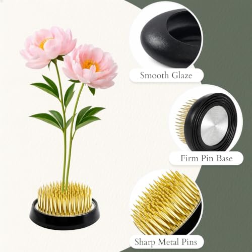 Japanese Flower Frog Vase Set – Minimalist Black Ceramic Flower Vase with Flower Frog, Modern Flower Arrangement Pot for Living Room Decor & Art Supplies, Gift Box for Flower Lover