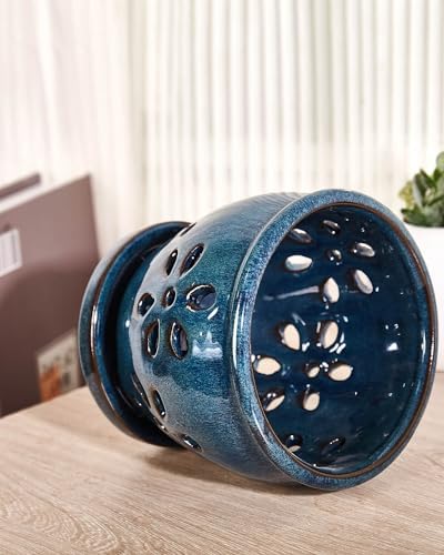 vensovo 5 Inch Ceramic Orchid Pot with Holes and Saucer, Blue