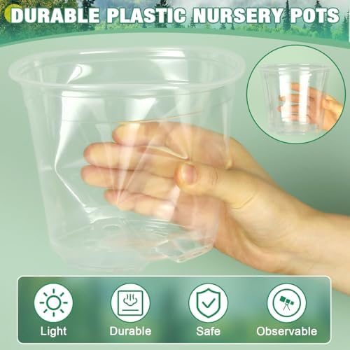 RAOOKIF 10 Inch Nursery Pots with Saucers, 4 Pack Large Size Clear Nursery Pots with Drainage Hole for Indoor Outdoor Plants, Plastic Clear Pots for Plants for Flowers, Succulents, Vegetable