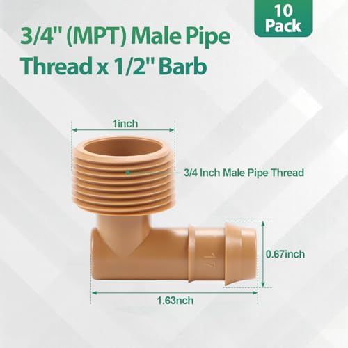 RedChili 1/2 Inch Drip Irrigation Fitting To 3/4 Inch Male Hose Threaded Adapter, 10 Pack PVC To Drip Irrigation Elbow Adapter With 3/4" Male Pipe Thread(MPT) x 1/2" Barbed Connectors