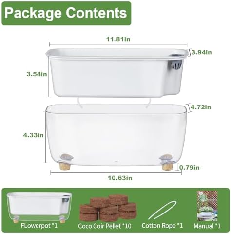 Oliz Self-Watering Planter with Coco Coir, Clear Modern Rectangular Pot