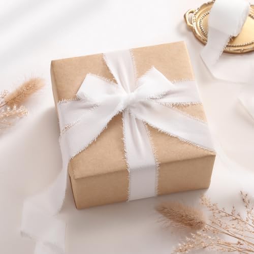 DORIS HOME Handmade Frayed Fringe Chiffon Ribbon 1" x 21Yd White