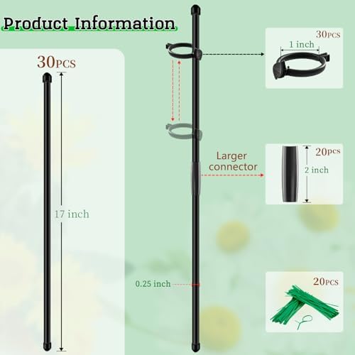 30Pcs Plant Support Stakes 17 inch SupKing Garden Orchid Sticks Extended to 3ft 4ft 5ft Plant Poles with Clips for Indoor Outdoor Potted Tomato Rose Amaryllis Vegetables Comes with 20 Ties(Black)