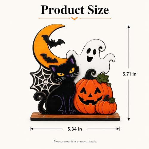 Halloween Wooden Tabletop Decoration, Cute Ghost Pumpkin Black Cat Decor, Spooky Fall Shelf Sign for Home Mantel Desk Office and Halloween Party