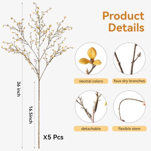 Dry Twig Faux Floral: 5 Pcs 37" Fall Leaves Stems,Fake Fall Flowers