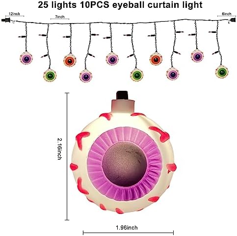 Halloween Eyeball Curtain String Lights Plug in, 7FT Outdoor Halloween Decorations Lights with 10 LED Spooky Eyeball Lights & 15 Mini Purple Bulbs for Window Wall Party Haunted House Patio Decor