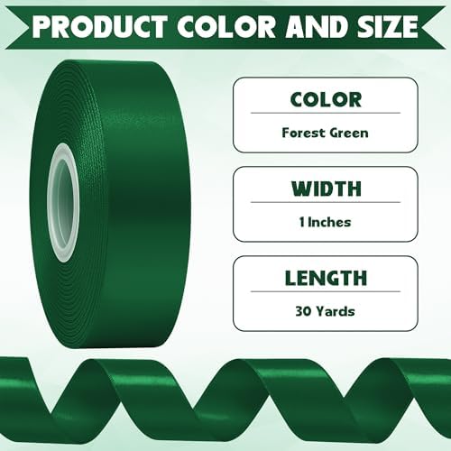 30 Yards 1 in Forest Green Satin Ribbon for Gift Wrapping St. Patrick's Day