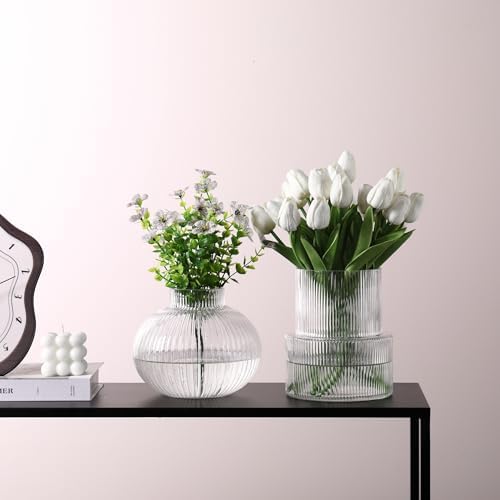 Ribbed Glass Vases, Set of 2 Fluted Vases for Flowers, Clear Glass Vase for Tulips, Modern Vase for Living Room, Kitchen, Office, Entryway, Mantle, Bookshelf, Wedding Gifts, Birthday