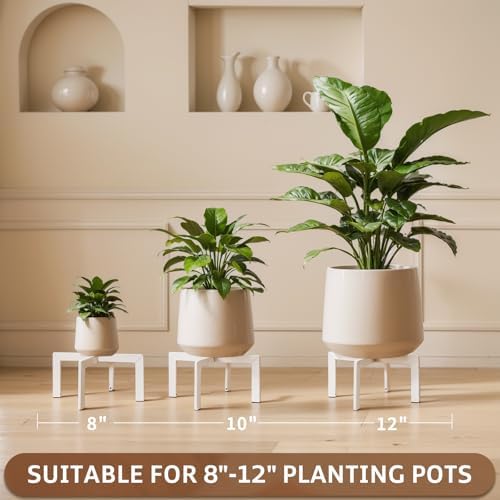 Plant Stand Indoor Outdoor, Metal Mid-Century Pot Stand, Modern Plant Holder Rattan Flower Plant Stool, Low Short Plant Stands for Indoor Fit 5-12 Inch Pot, (Pot & Plant Not Included), White, 4