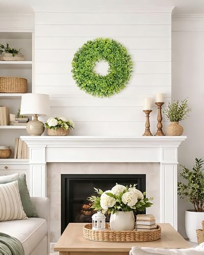 DDHS 23" Boxwood Wreaths Front Door, Artificial Spring Summer Wreath with Sash and Foldable, Green Year Round Indoor Outdoor for Farmhouse Fireplaces and Porches DIY St Patricks Day Decorations