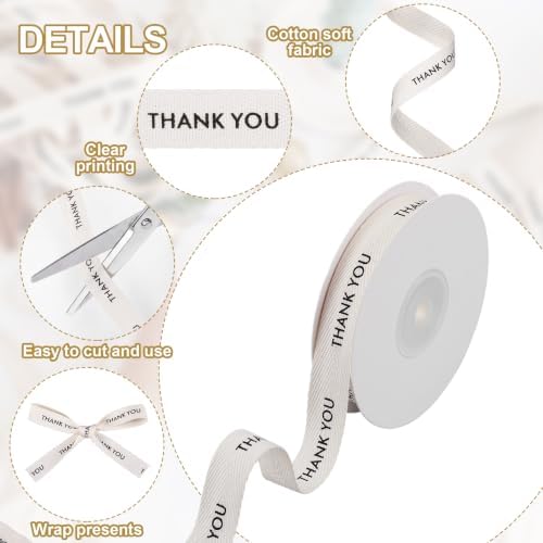 Wavwavw 20 Yards Thank You Cotton Ribbon, Natural 5/8 Inch 100% Cotton Herringbone Twill Ribbon for Crafts Gift Wrapping Holiday Birthday Decorations, 2 Rolls