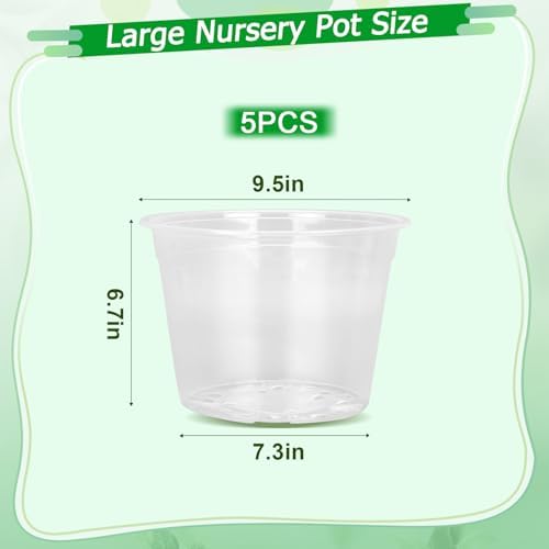 FUIJOL 10 Inch 5 Pack Large Clear Plastic Nursery Pots with Drainage