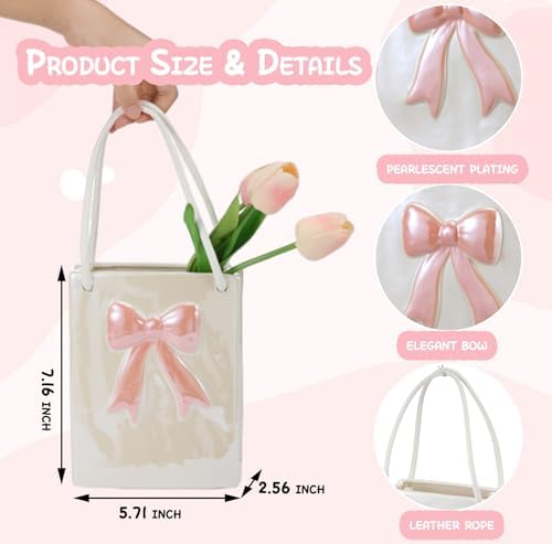 Pink Bow Handbag Flower Vase 7.16 Inch Ceramic Purse Vase Hanging Coquette Decor Valentine Centerpiece for Table Shelf Living Room Women Girl Gifts