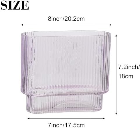Ribbed Vase, Purple Glass Vase for Flowers, Purple Flower Vases for Tulips, Modern Vases for Living Room, Dining Table, Office, Bedroom, Mantle, Shelf, Wedding, 7 Inch