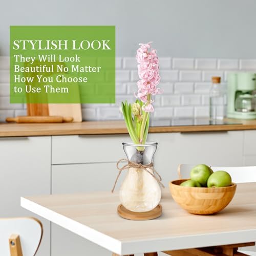 Bulb Glass Vases for Flowers Forcing Hyacinth Clear Decorative Bulb Vase with Round Bamboo Coaster for Home Office Table Decoration(12 Pcs)
