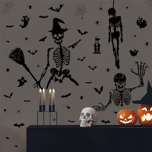 Halloween Skeleton Static Window Clings, Double Sided Ghost Bat Spider Stickers for Party