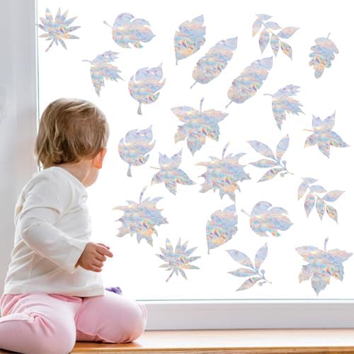 78PCS Leaf Reusable Window Decals Window Clings Anti Collision Window Decals to Save Birds from Window Collisions Non Adhesive Prismatic Vinyl Window Clings Rainbow Stickers