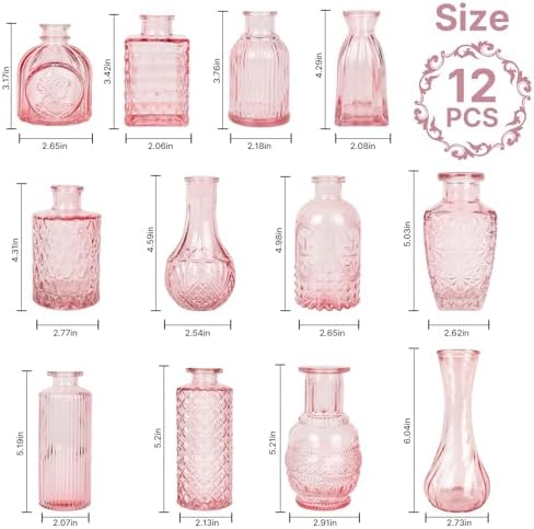Clear Pink Glass Bud Vase Set of 12 Pcs,Small Bud Vases in Bulk,Glass Crystal Flower Vases Table Centerpieces for Party Event Wedding Decor Baby Shower Decorations (Pink, 12 Pcs)