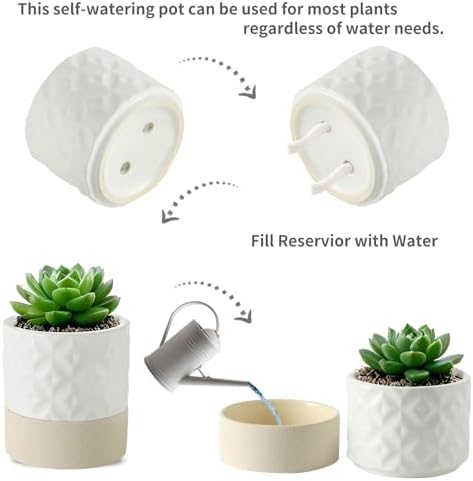 Nihow Ceramic Self Watering Plant Pot for Indoor Plants, 6 Inch,Cream White