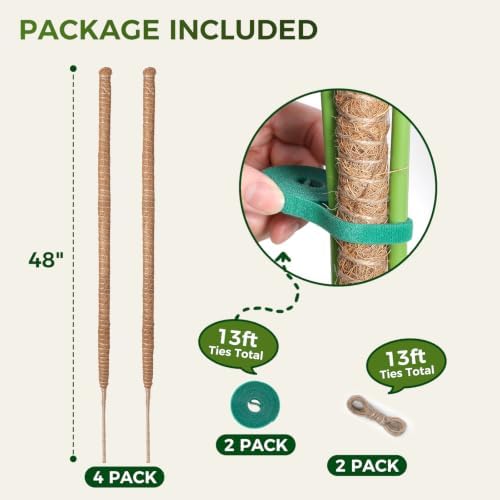 48" Moss Pole Monstera Plant Support, 4 Pack, Bendable Plant Stakes Made of Real Coco Coir Support for Climbing Indoor Plants, Tall Moss Stick Trellis for Potted Climbers