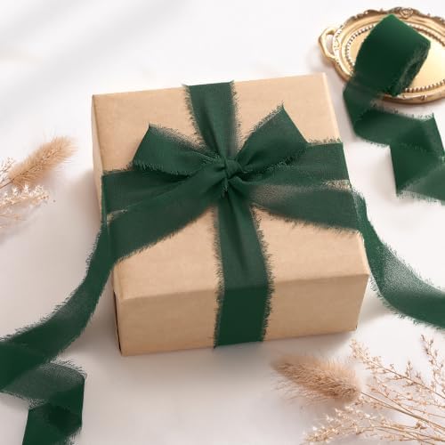 DORIS HOME Handmade Frayed Fringe Chiffon Ribbon 1" x 21Yd Dark Green