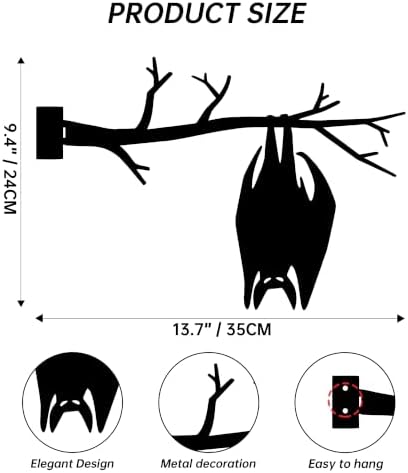 Frosted Black Hanging Bat Tree Stake Metal Art, Gothic Outdoor Yard Decor
