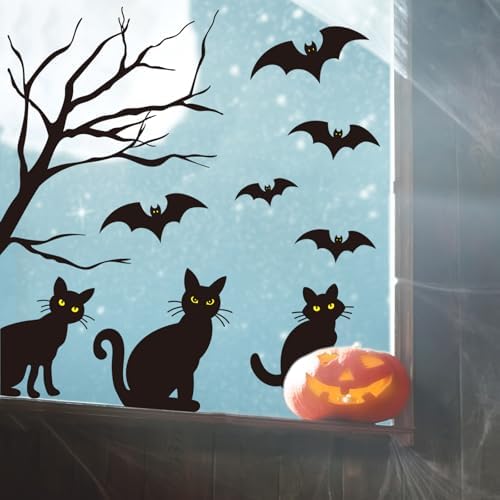 Whaline 6 Sheets Halloween Black Cat Window Clings Spooky Cat Bat Silhouette Reusable Window Decals for Haunted House Home Office School Glass Decor Party Supplies